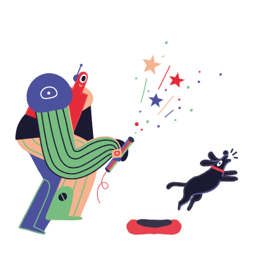 Robot launching fireworks and scaring the dog PNG, SVG