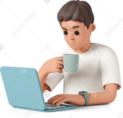 3D Мужчина работает на ноутбуке и пьет кофе в PNG, SVG