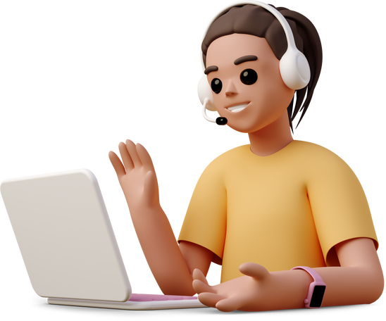 young woman in headphones sitting in front of laptop and waving Illustration in PNG, SVG