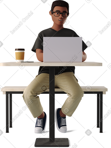 Young man working at a bar table PNG, SVG