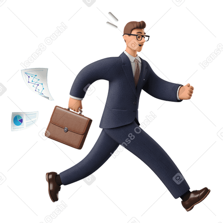 3D Businessman in suit running with a briefcase PNG, SVG