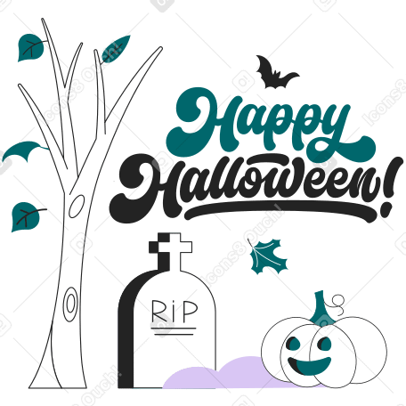 Lettering Happy Halloween! with pumpkin and autumn tree text PNG, SVG