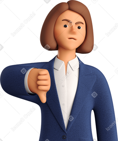 3D angry businesswoman in blue suit showing thumbs down PNG, SVG