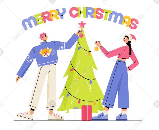 Lettering Merry Christmas with people decorating the Christmas tree Illustration in PNG, SVG