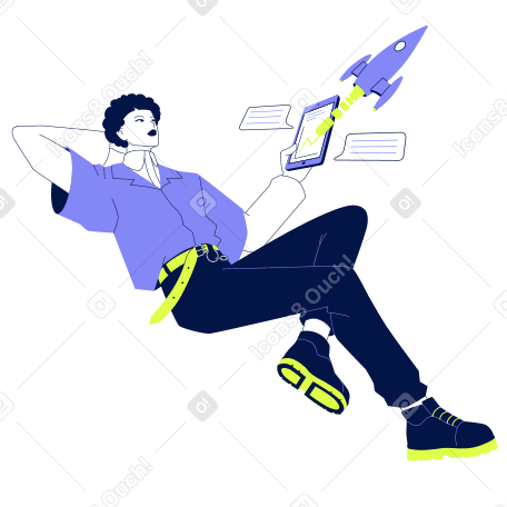 Young man with a tablet launching a startup PNG, SVG