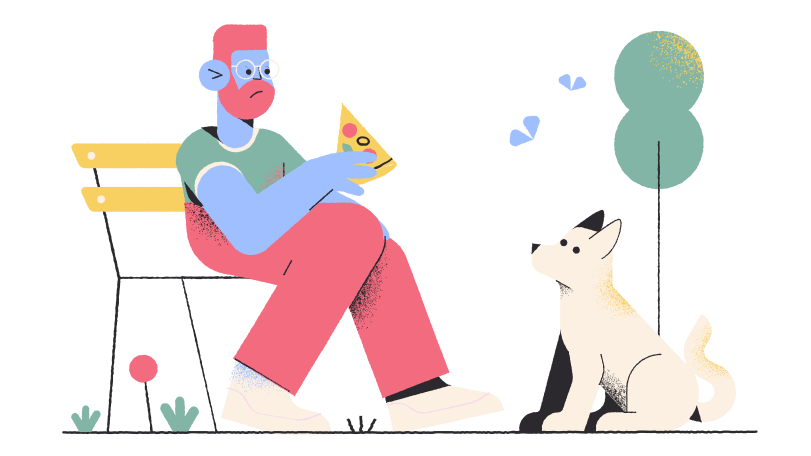 Man sitting on a bench with pizza slice and dog asking for a treat Illustration in PNG, SVG