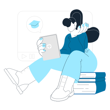 Frau sitzt auf einem bücherstapel und lernt online PNG, SVG