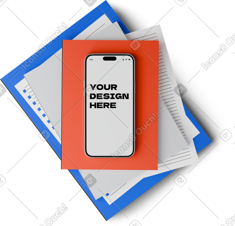 3D top view of smartphone mockup lying on a pile of books PNG, SVG