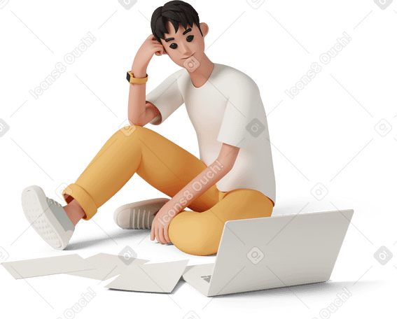 3D young man sitting on floor near laptop PNG, SVG