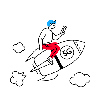 Man with phone flying on 5G rocket PNG, SVG