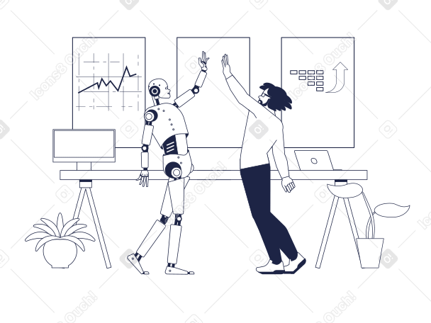 Android robot and man raise their hands high five in office PNG, SVG