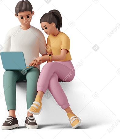 3D Девушка и мальчик сидят с ноутбуком в PNG, SVG