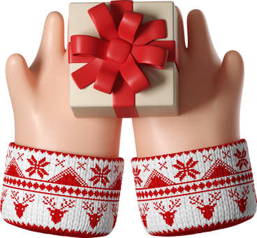 Mains de peau blanche dans un pull de noël blanc tenant une boîte-cadeau PNG, SVG