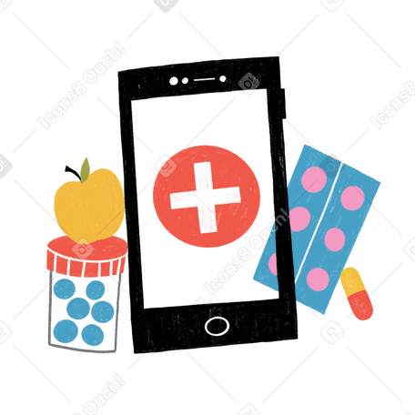 Phone with online medicine service pills and apple Illustration in PNG, SVG