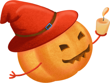 orange pumpkin in a red hat with a candle in its hand PNG, SVG