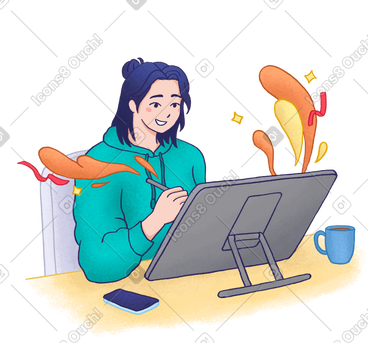 在绘图板上画画的年轻女子 PNG, SVG