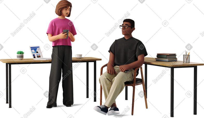 3D female and male colleagues talking at work PNG, SVG