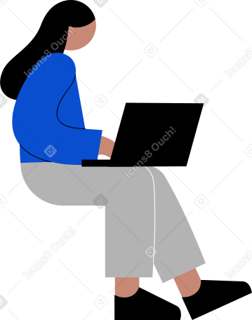 young woman sitting and working on a laptop PNG, SVG