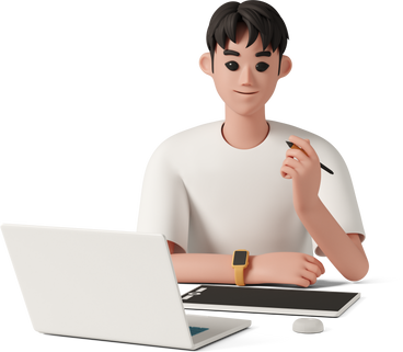 Молодой дизайнер-мужчина работает над планшетом для рисования с помощью стилуса в PNG, SVG