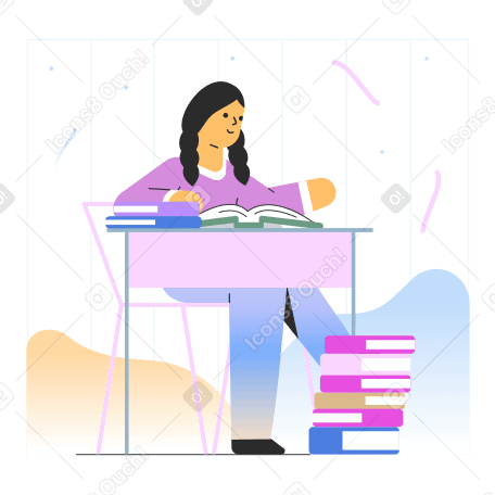 Girl studying at the table with books Illustration in PNG, SVG