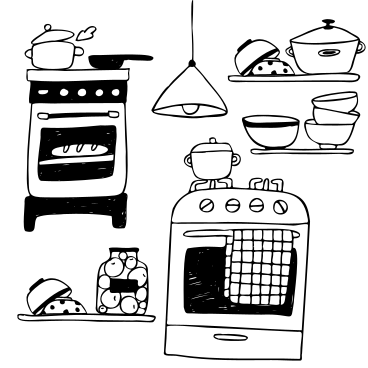 Кухня с духовками, полками и мисками в PNG, SVG