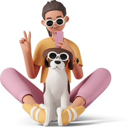 Woman taking funny photo with dog Illustration in PNG, SVG