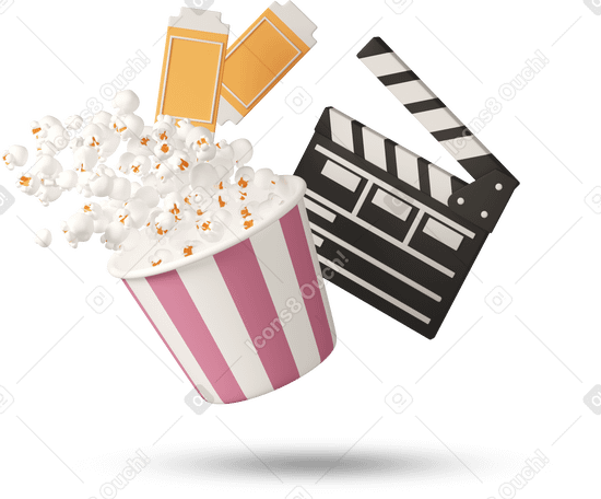 3D 영화 클래퍼, 팝콘 및 영화 티켓 PNG, SVG