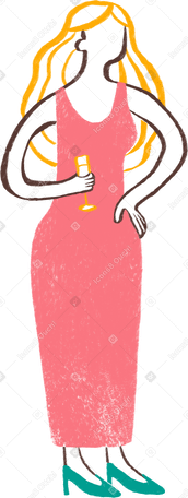 woman in a dress standing with her hand on her hip and a chapagne glass Illustration in PNG, SVG