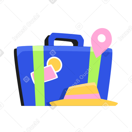 Travel suitcase with hat and location marker PNG, SVG