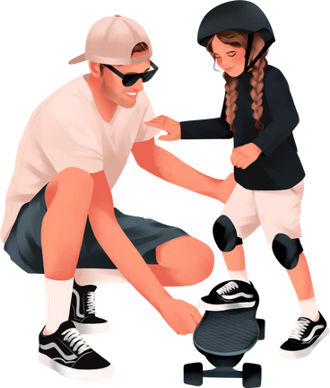 father teaches daughter to skateboard PNG, SVG