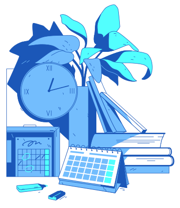 Calendario, reloj, pila de libros y planta. PNG, SVG
