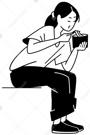 Mujer joven comiendo fideos con palillos PNG, SVG