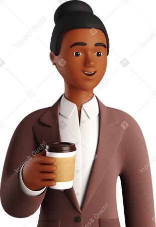 3D black businesswoman in brown suit with paper coffee cup PNG, SVG