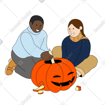 Man and woman carving a pumpkin on Halloween в PNG, SVG