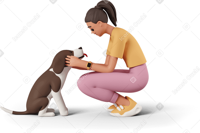 3D young woman squatting and petting dog Illustration in PNG, SVG