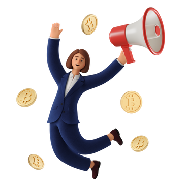 Woman surrounded with bitcoins announcing sale via megaphone PNG, SVG