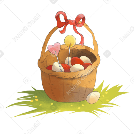 Basket with easter eggs on the grass Illustration in PNG, SVG