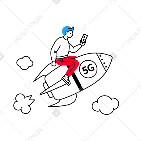 Человек с телефоном летит на ракете 5g в PNG, SVG