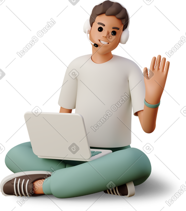 Young man in headphones sitting with laptop and waving PNG, SVG