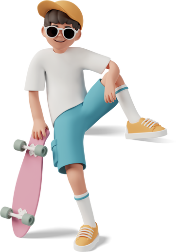 Junge mit sonnenbrille sitzt mit arm auf dem knie und hält skateboard PNG, SVG