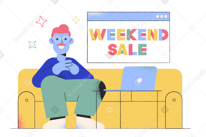 Lettering Weekend Sale with man on the couch PNG, SVG