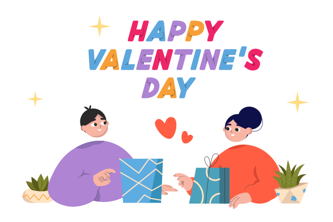 Happy Valentine's Day text over the couple in love with gifts Illustration in PNG, SVG