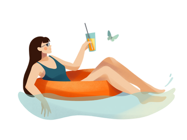 Young woman relaxing in sea water on an inflatable ring with a glass of juice in her hand PNG, SVG