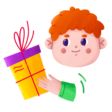 Redheaded man smiles and holds a gift in his hand PNG, SVG