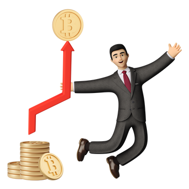 businessman jumping next to stack of crypto coins and growth arrow PNG, SVG