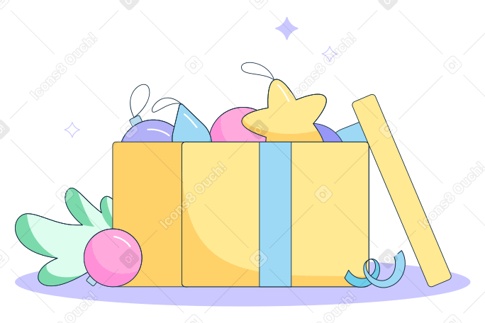 크리스마스 장식품과 전나무 가지가 있는 상자 PNG, SVG