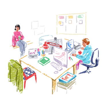 People working in creative office space PNG, SVG