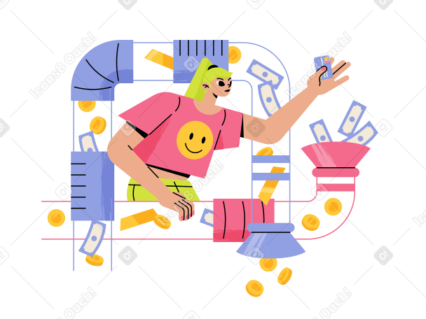 Girl with credit card in money streams Illustration in PNG, SVG