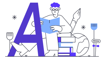 Man reading a book next to a huge letter a PNG, SVG