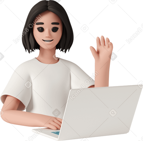 3D young woman with laptop at table Illustration in PNG, SVG